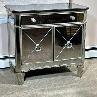 STONE TOP & MIRRORED CABINET | Side cabinet having a black stone top over full-width drawer and split door cabinet with 2 shelves,...