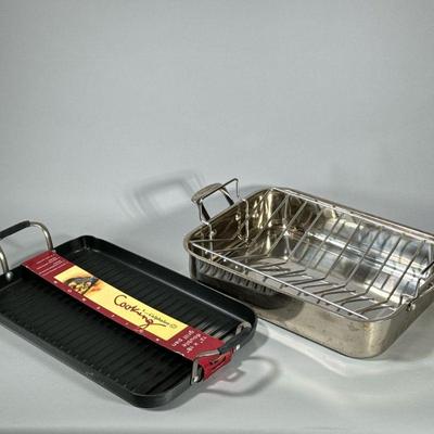 (2pc) Roast Pan & Grill Pan | Including a Cuisinart stainless steel roast pan with insert and a new Calphalon 12 x 18 double grill...