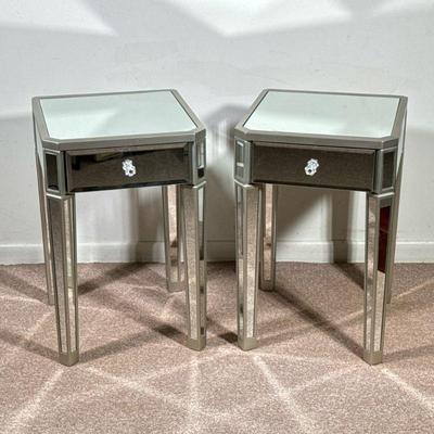 (2pc) PAIR POTTERY BARN MIRRORED SIDE TABLES | Pair of Pottery Barn "Zoe Mirrored Bedside Champagne" nightstands or end tables...
