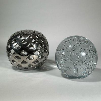 (2pc) CRATE & BARREL GLASS ORB & OTHER | Decorative accents or paper weights, one with a Crate & Barrel label. - h. 7 in...