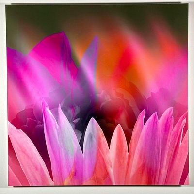 CONTEMPORARY LUCITE FLOWER ART | A contemporary artwork featuring an abstract floral composition rendered in vivid hues of orange,...