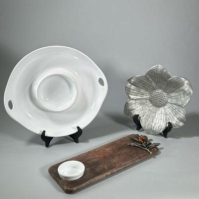 (3pc) DECORATIVE KITCHEN ITEMS | Including a Julia Knight, 12-inch metal bowl, a mud pie cutting board and ramekin with metal leaf...