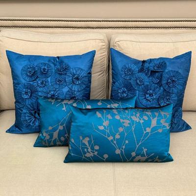 (4pc) BLUE SILK THROW PILLOWS | Including two 20 x 20 square pillows and two 10 x 20 in. accent pillows.

