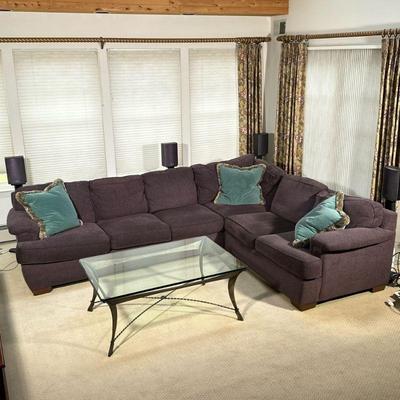 BLOOMINGDALE’S PURPLE SECTIONAL | Bloomingdale’s L-shaped sectional sofa upholstered in a textured aubergine fabric, designed as two...