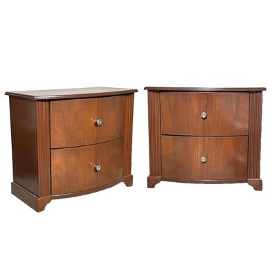(2pc) PAIR MAHOGANY NIGHTSTANDS | Pair of carved mahogany side tables with 2 full-width drawers and fluted square half-column sides. - h....