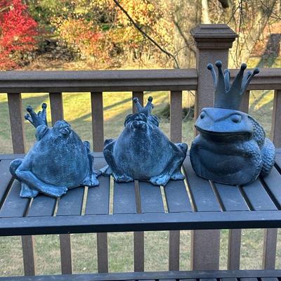 (3pc) OUTDOOR FROG FIGURINES | Garden decorations, including: Cast iron frog with crown, and pair of composition “kissing” frogs with...