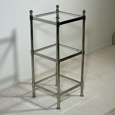 GLASS & CHROME SHELVES | 3-tiered glass shelf / side table with chrome metal frame. - h. 31 x w. 13 x l. 13 in

