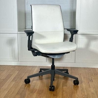 MCM STEELCASE OFFICE CHAIR | White leather/leatherette with lots of adjustability, comfy! - h. 40 x w. 28 x d. 24 in

