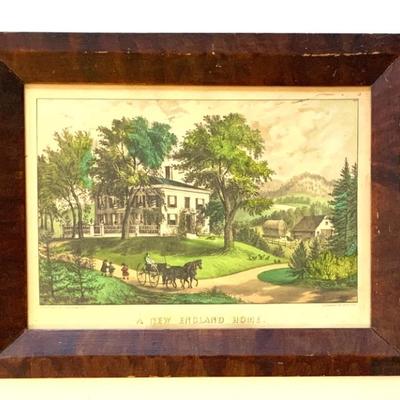 Antique Currier and Ives colored print “ A New England Home” in original grain pted. frame 13 x 17”