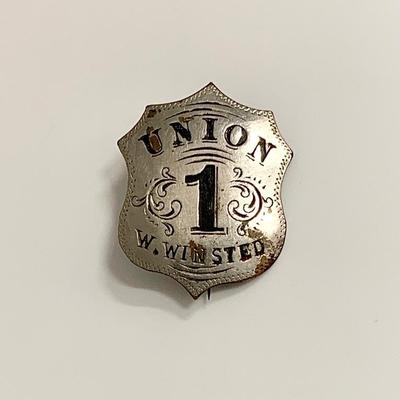 Sale Photo Thumbnail #5: Rare badge from The Winsted Fire Department. Union Engine Company One was one of four Winsted fire companies formed in 1862.