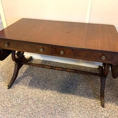 Antique quality mahogany inlaid drop-leaf  sofa table w/ lyre base