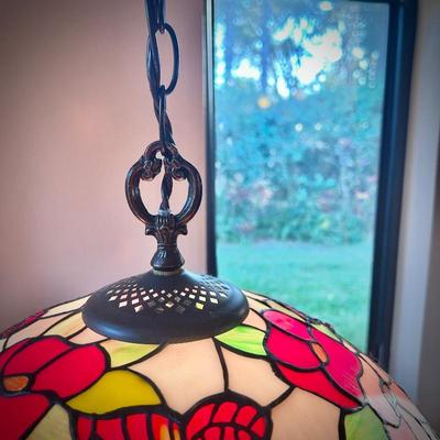Vintage stained glass pendant lamp with butterflies and flowers