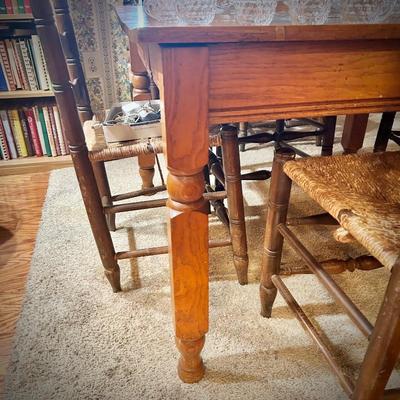 Antique table and 4 ladder back chairs with rush seats