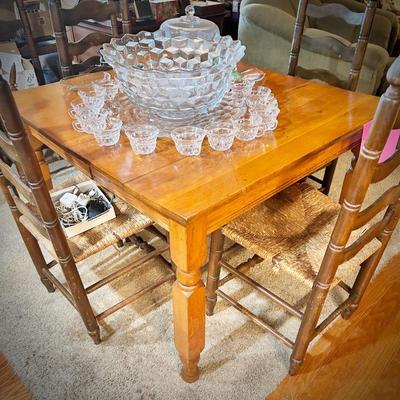 Antique table and 4 ladder back chairs with rush seats