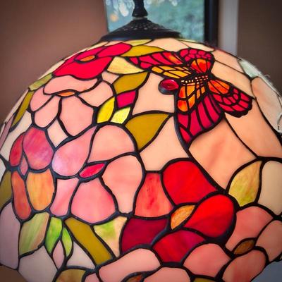 Vintage stained glass pendant lamp with butterflies and flowers