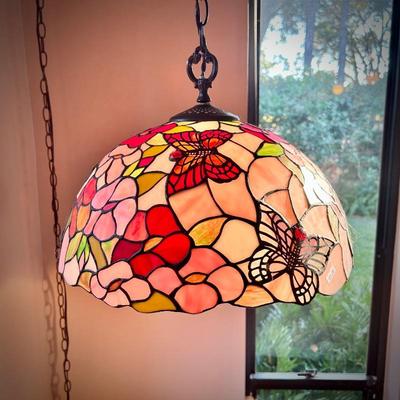 Vintage stained glass pendant lamp with butterflies and flowers
