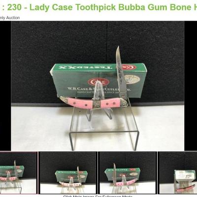 Sale Photo Thumbnail #5: Lot # : 230 - Lady Case Toothpick Bubba Gum Bone Handle
Case xx 3 dot USA 0610096 DAM Measures: 3" closed Blades: single Damascus Steel etched Lady Case Badge: Cigar Band engraved scroll C Bolsters: engraved scroll C Box: Original.
