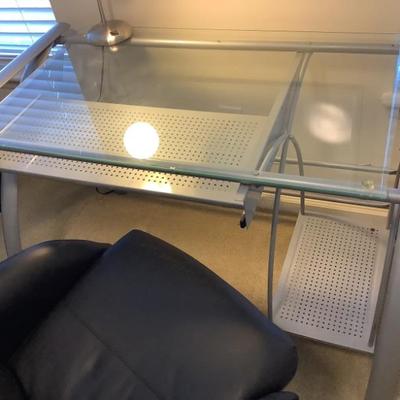 $38 glass top, metal base desk, as is with chips in glass 28”H 45”L 24”depth