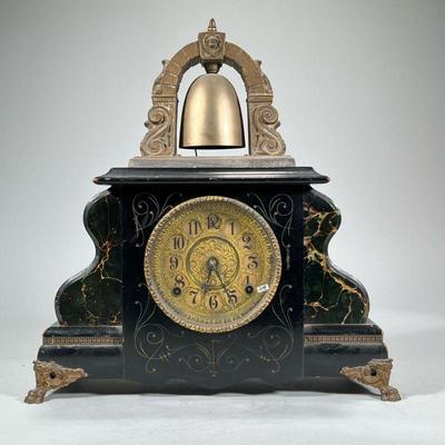 GILBERT MANTEL CLOCK | 1902 Gilbert Clock Co. faux marble painted mantel clock with brass bell topper, engraved dial with Arabic...
