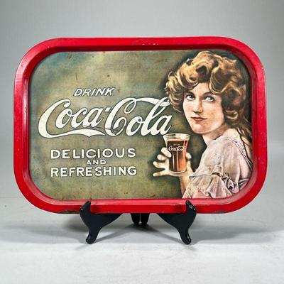 COCA-COLA TRAY | Vintage Coca-Cola serving tray, brass metal with color decoration, "Delicious and Refreshing", showing a woman...