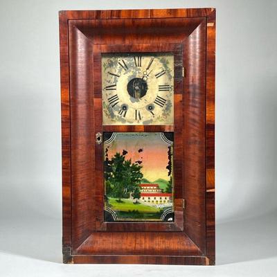 RUSSELL JUDSON EGLOMISE & VENEER SHELF CLOCK | Russell Judson of Bristol, CT, old paint decorated dial with Roman numerals under...