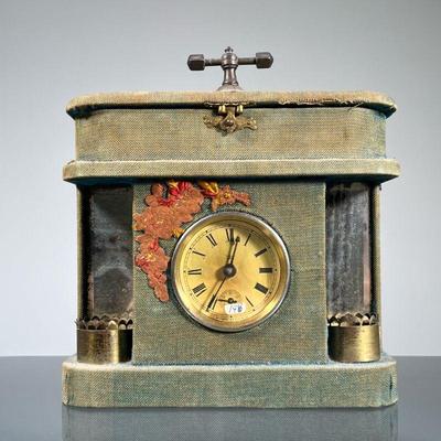 WATERBURY CLOCK CO. BOX / CLOCK | With fabric outer lining, the top having a hinged lid revealing a jewelry or trinket box, with two...