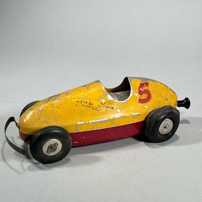 WOODETTE TORNADO RACER | Original Woodette Tornado air powered racer #5, in yellow and red. - l. 13 in


