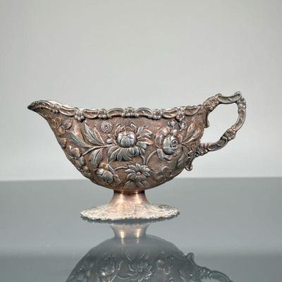 JAPANESE OPEN CREAMER | Metal en repousse with flowery decoration. - l. 5 in

