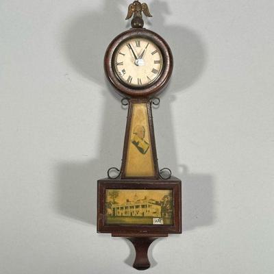 MINIATURE BANJO CLOCK | With printed decoration showing George Washington on the throat and Mount Vernon in the lower panel, the face...