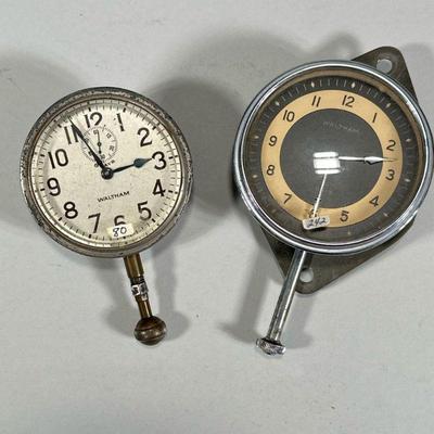 (2pc) WALTHAM CAR CLOCKS | Two Waltham 8-day automobile clocks, including one with a silvered face and sub-seconds dial, the other having...