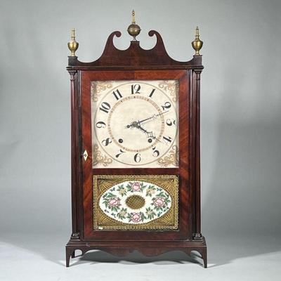 ELI TERRY PILLAR & SCROLL CLOCK | Pillar and scroll mantel clock by E. Terry & Sons, Plymouth, CT, circa 1818-1824, the case with...