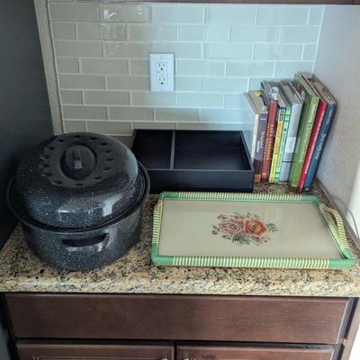 Roasting pan, tray, cookbooks
