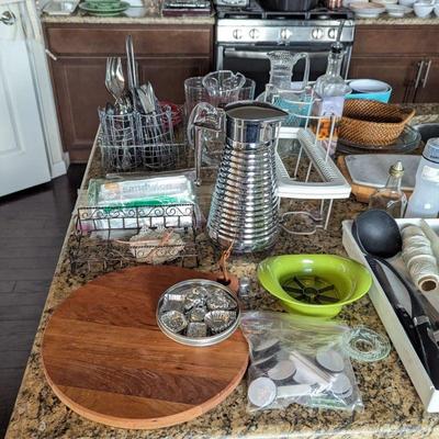Wood chacuterie/cutting board, itchers, silverware