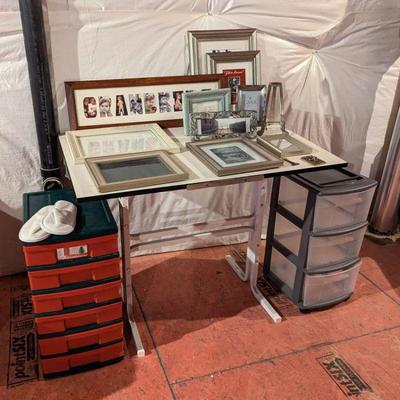 Plastic storage drawers, drafting table, photo frames