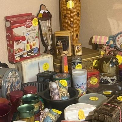Tins, vintage ice cream parlor clock, and misc 