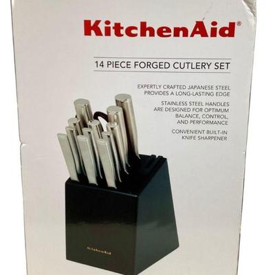 TN154 New Open Box KitchenAid 14 Piece Forged Cutlery Set	Unsealed. Contents factory wrapped. Some damage to box corners.
