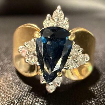 TN56 NAGL Certified 14k Yellow Gold, Pear Cut Sapphire And Diamond Ring, 1.22CTW	Size 6.5 See certificate for more information
