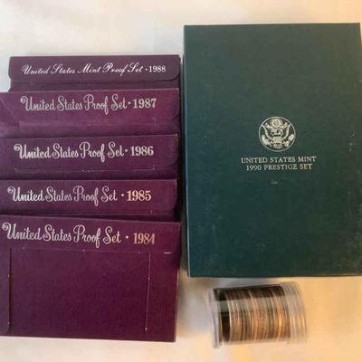 TN02 US Mint Prestige Set, 5 Proof Sets, Eisenhower Dollars	One US Mint 1990 Prestige Set
