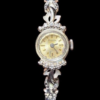 TN64 Bulova Ladies Vintage 14k White Gold Watch Bracelet
