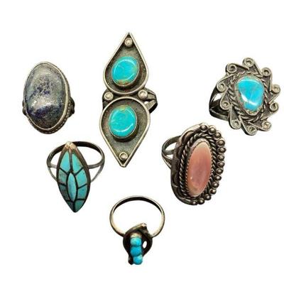 KIHE223 Six Turquoise, MOP & Other Handcrafted Naitive Rings	One ring is stamped BM, none appear to be stamped sterling. See photos...