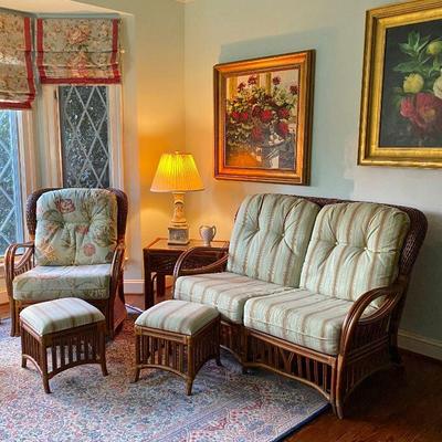Palm Springs Rattan Garden Classics collection - swivel rocker, settee, and two footstools