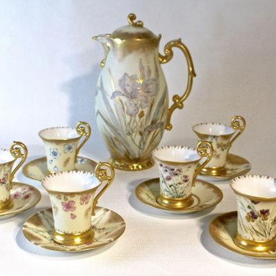 Chocolate set - hand painted pot + six cups & saucers