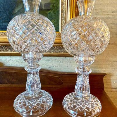 Pair of Waterford crystal hurricane style lamps - 19 1/2" tall