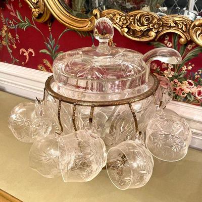 lidded punch bowl with ladle and cups