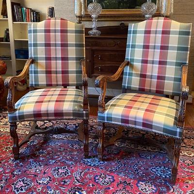 Sale Photo Thumbnail #12: Arm chairs with carved & turned decoration on the wood frames. 