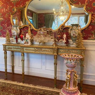 Venetian style gold framed mirror - 76"w x 36"h, Italian style painted table