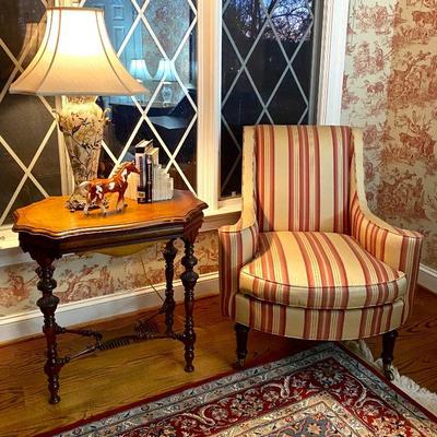 Hickory Chair by Thomasville upholstered chair, 1930s side table, & china lamp with brass details.
