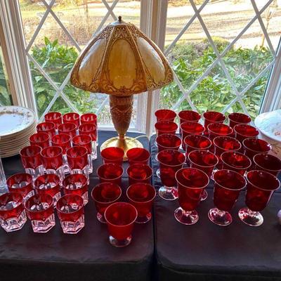red & clear crystal glassware, metal lamp with glass & metal shade