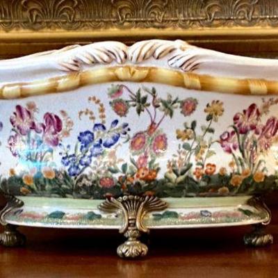 oblong ceramic bowl with metal decoration