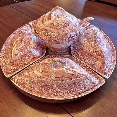 Vintage red transferware Lazy Susan with tureen & ladle and 4 covered serving dishes by W. R. Midwinter, England....